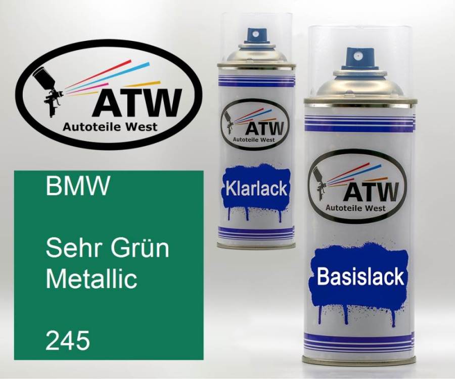 BMW, Sehr Grün Metallic, 245: 400ml Sprühdose + 400ml Klarlack - Set, von ATW Autoteile West.